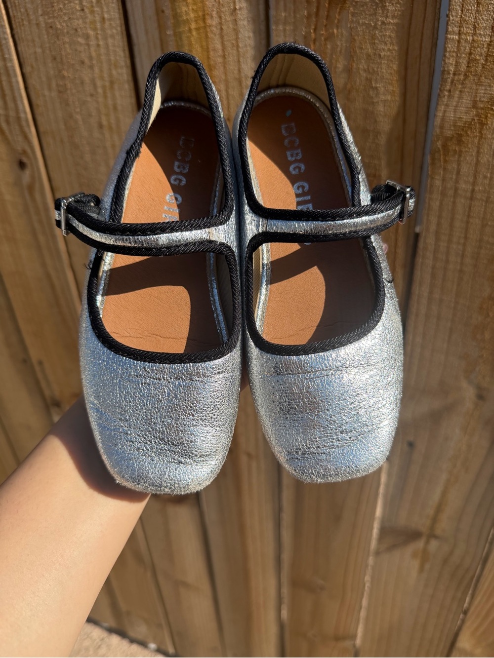BCBGirls Silver Metallic Mary Jane Loafers with Black Trim